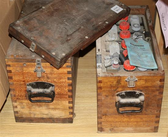 Two wood cased Oldham vintage car batteries